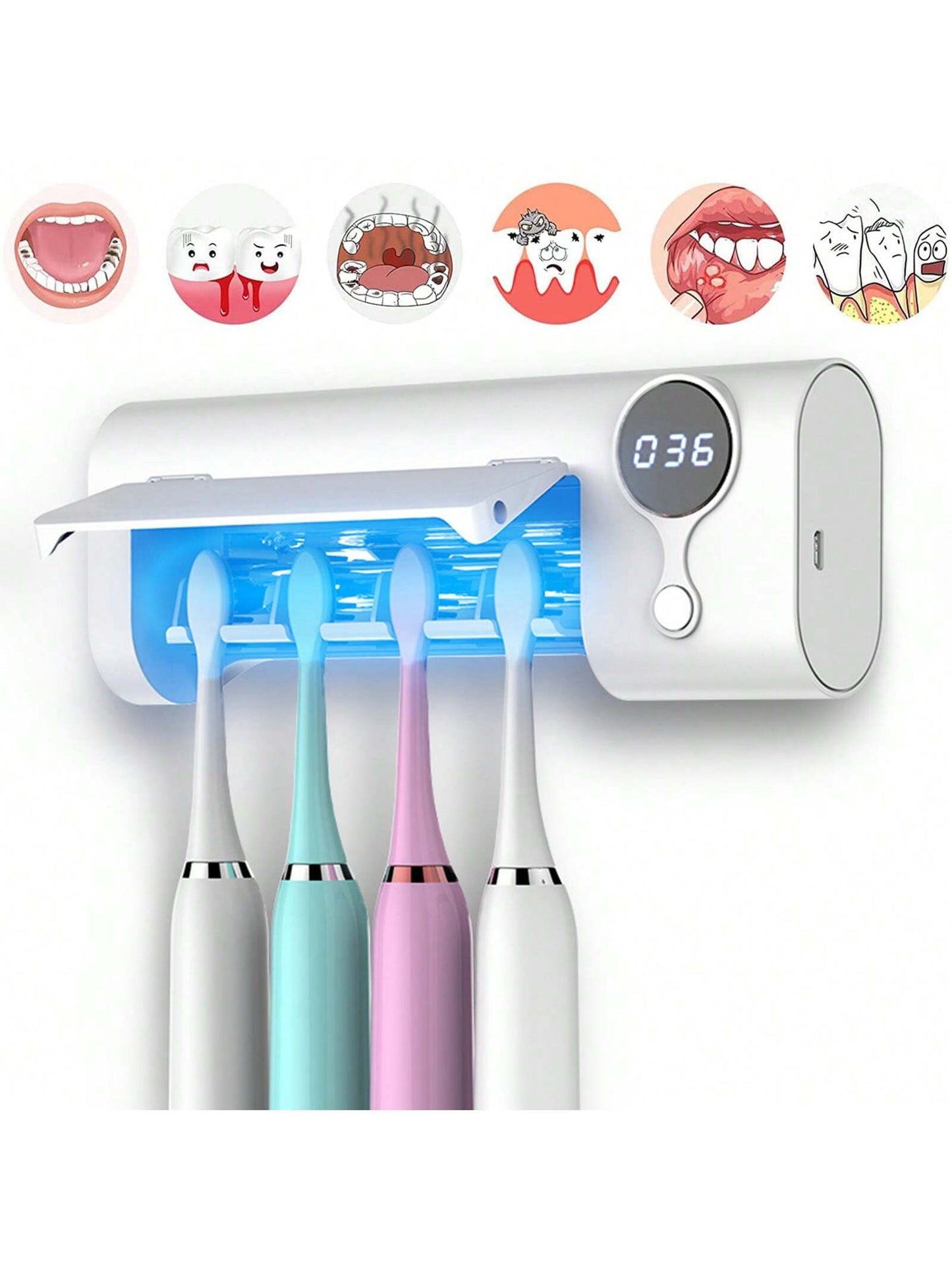 UV Toothbrush Sanitizer, Bathroom Toothbrush Holder Wall Mounted With Sterilizer Function, 1500mAh Charging, Timing Function, 4 Brush Holder Digital Display, Sticker Free Punching For Family