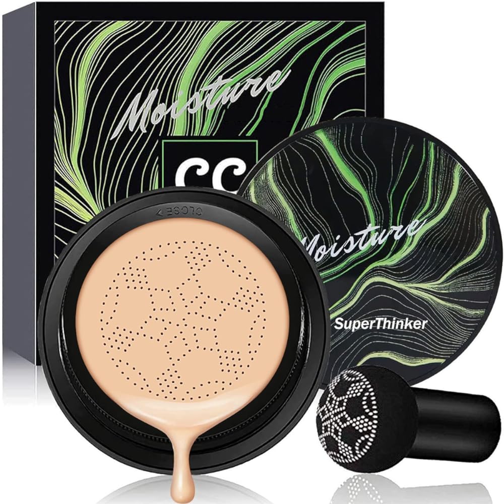 SuperThinker Air Cushion CC Cream Mushroom Head Foundation, Moisturizing BB Cream Makeup Long Lasting Matte Concealer (1 PCS/Natural)