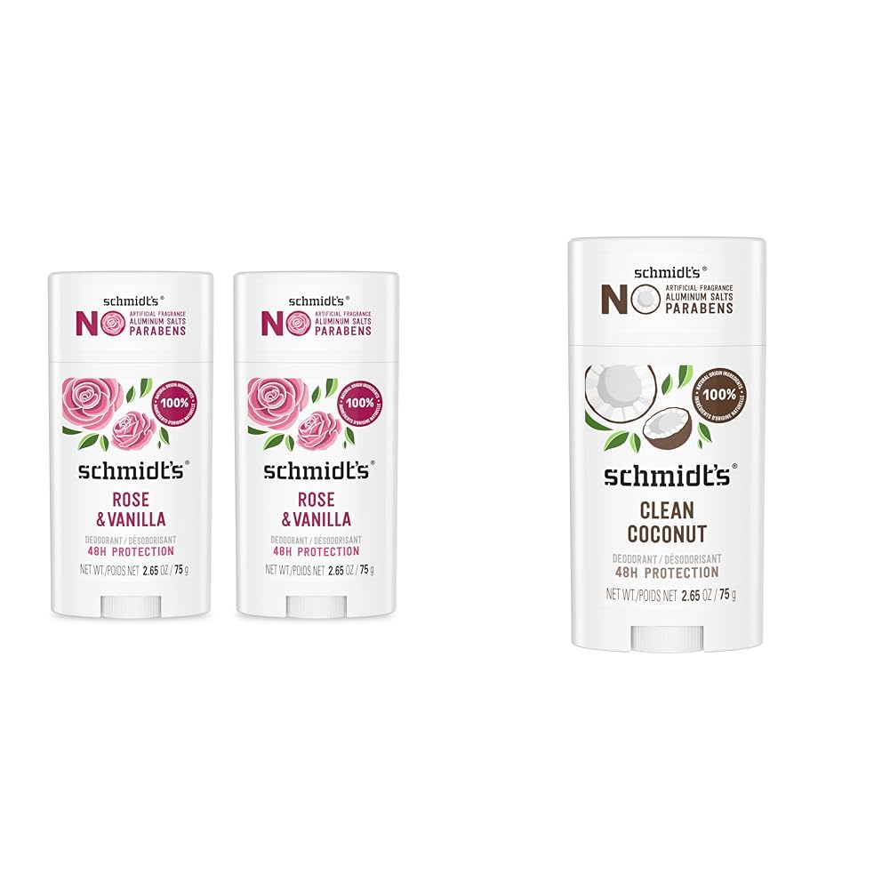 Schmidt's Aluminum-Free Vegan Deodorant Rose & Vanilla 2 Count and Clean Coconut 2.65 oz Each, 24 Hour Odor Protection