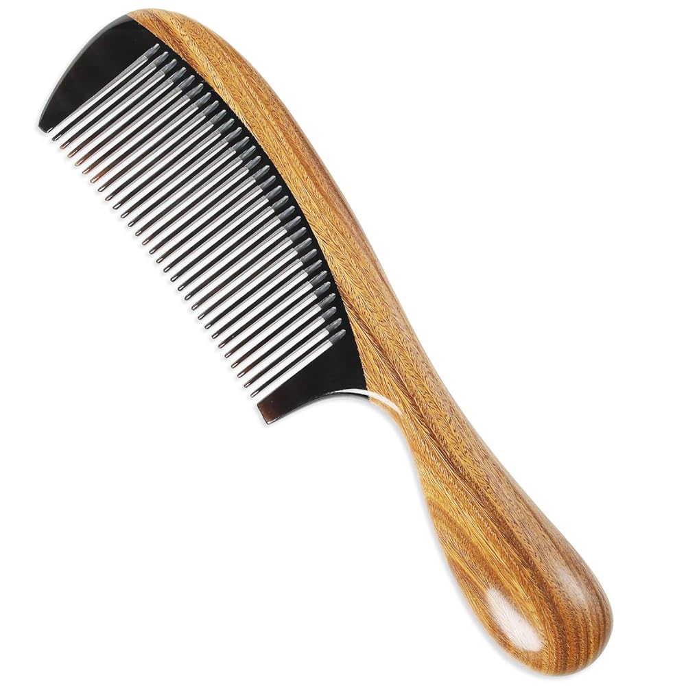 Onedor Buffalo Horn With Handmade 100% Natural Green Sandalwood Hair Combs - Anti-Static Sandalwood Scent Natural Hair Detangler Wooden Combs (Buffalo Horn Fine Tooth)