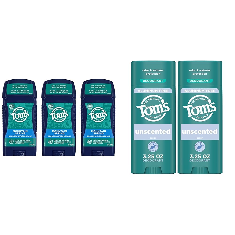 Tom's of Maine Men's Mountain Spring and Unscented Women's Aluminum-Free Natural Deodorants, 2.8 oz. 3-Pack and 3.25 oz. 2-Pack