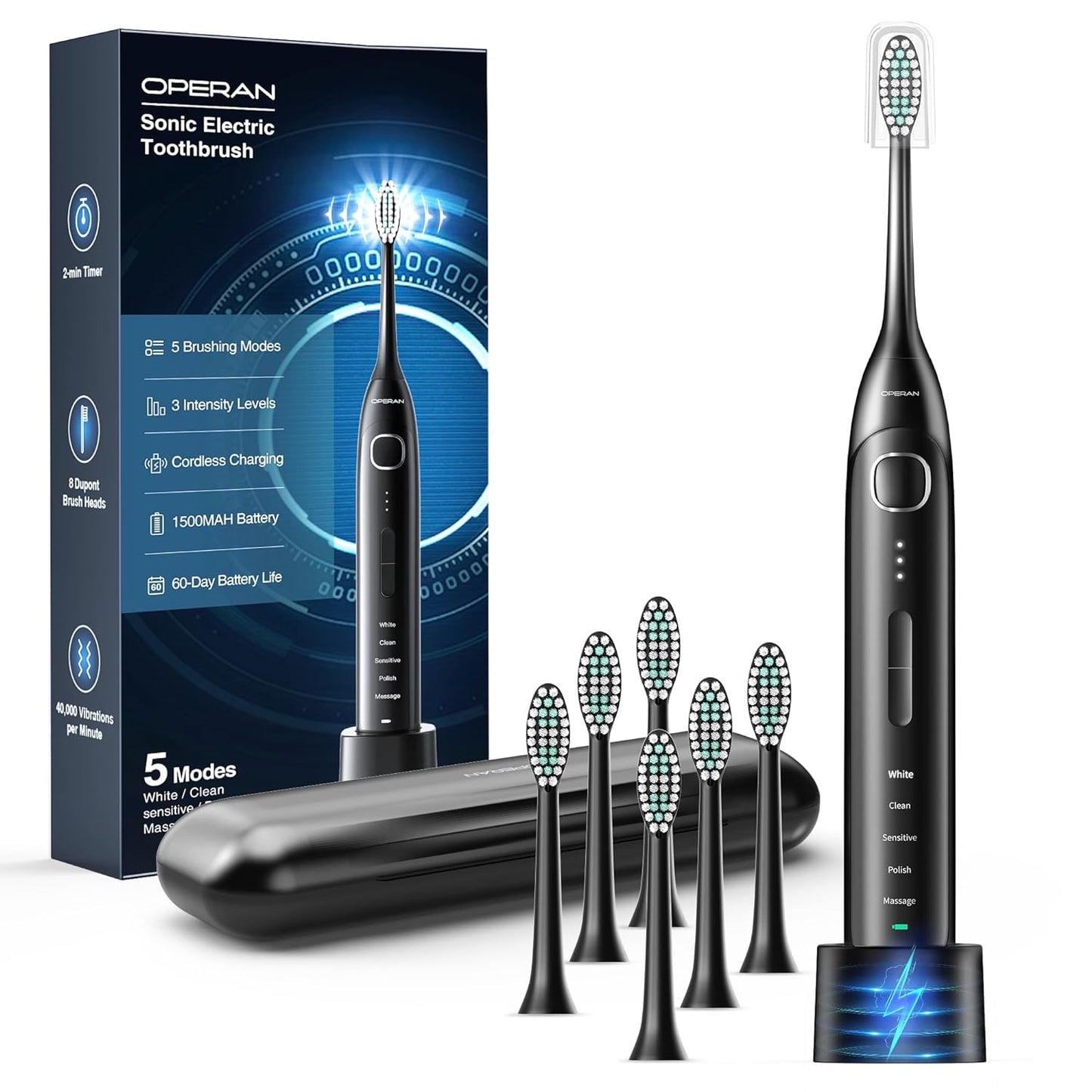Operan Electric Toothbrush for Adults and Kids Rechargeable Sonic Toothbrush with 5 Modes 2-Min Smart Timer IPX7 Waterproof 40,000 VPM Motor with 8 Brush Heads & Travel Case (Black)