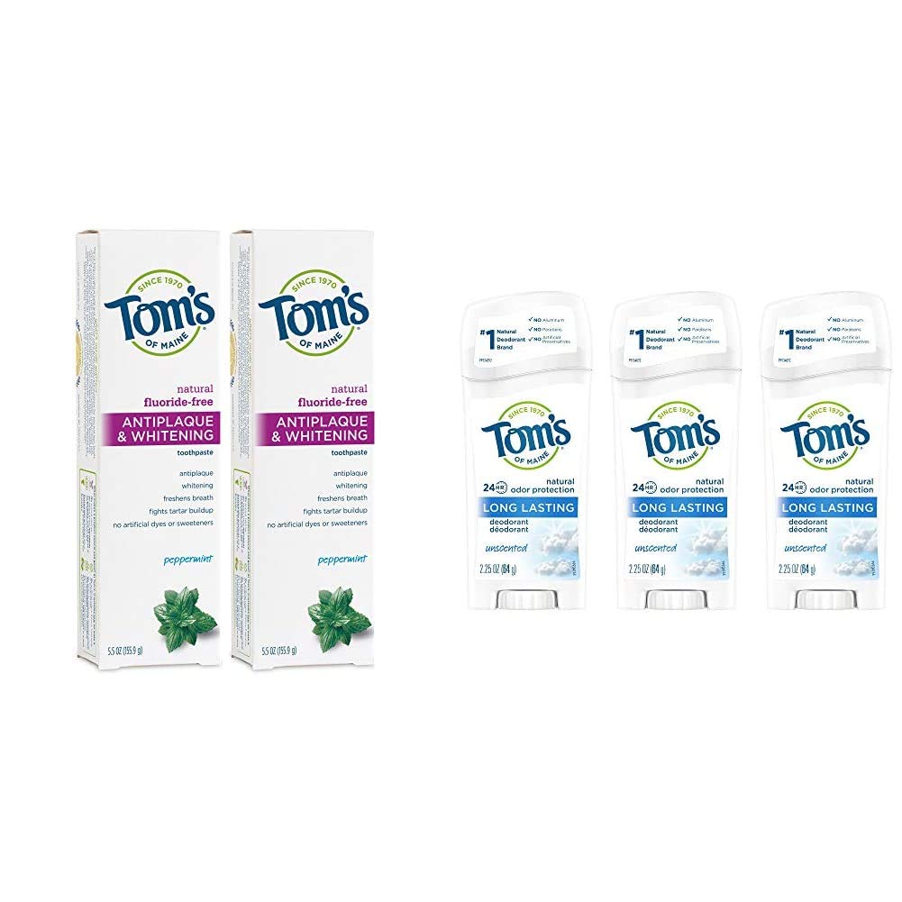 Tom's of Maine Fluoride-Free Antiplaque & Whitening Toothpaste, Whitening Toothpaste with Tom's of Maine Long Lasting Deodorant, Natural Deodorant, Deodorant, Unscented, 2.25 Ounce, Pack of