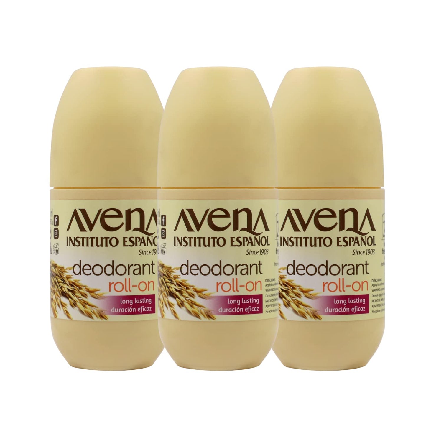 Avena Instituto Español Deodorant Roll-On, 3 pack, 2.5 Oz each, 3 Bottles