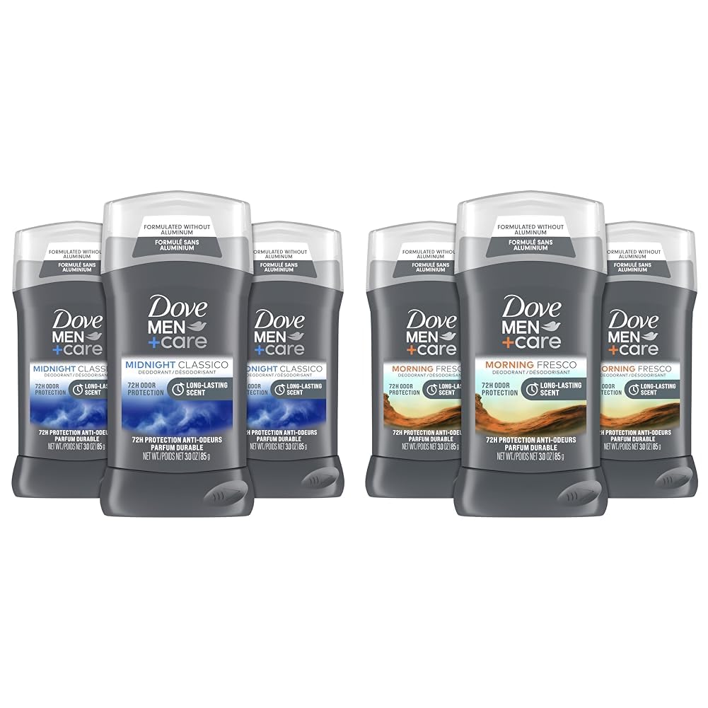 Dove Men + Care Midnight Classico & Morning Fresco Deodorant Sticks Bundle - 72 Hour Odor Protection with Essential Oils (3 Count Each)