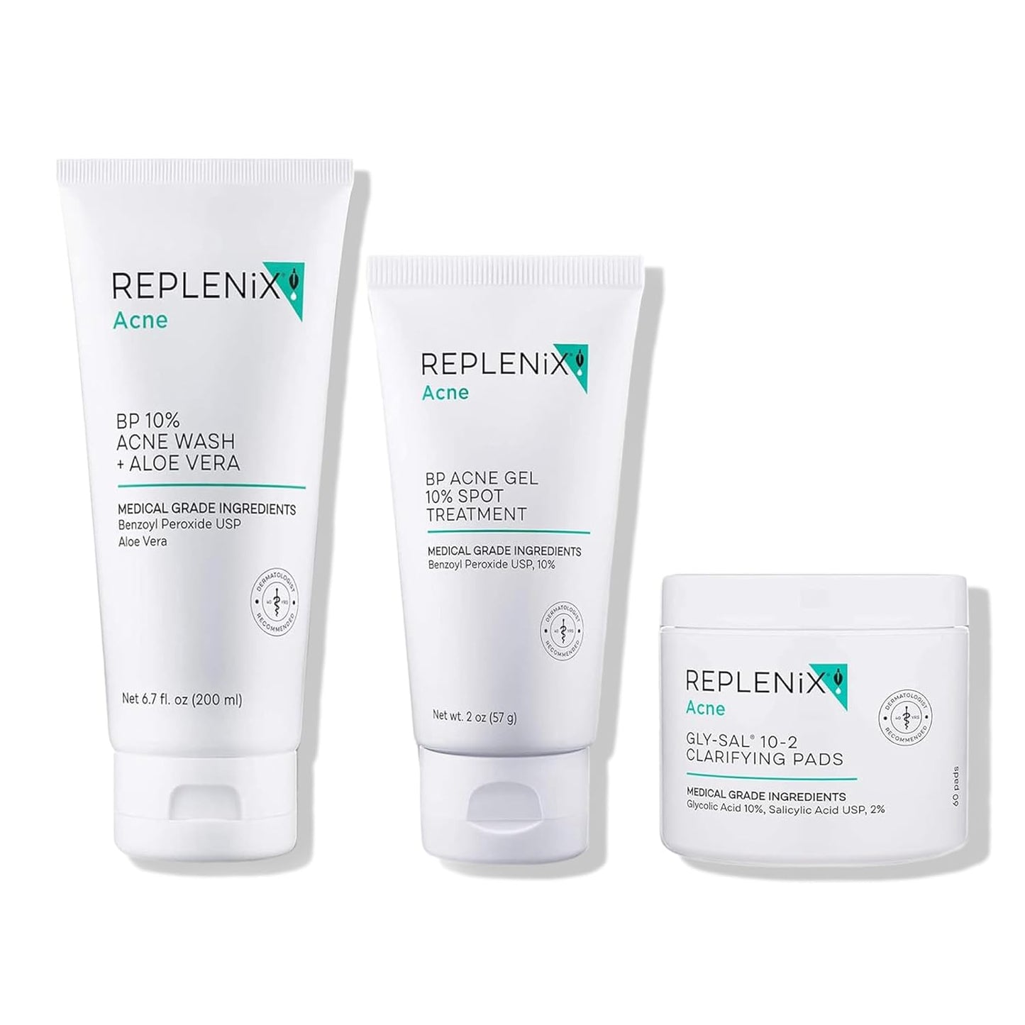 Replenix Acne Treatment Skin Care Regimen, Medical-Grade Set Includes Glycolic Acid Resurfacing Cleanser (6.7 fl. oz), Gly-Sal Clarifying Acne Pads (60 ct.) & Benzoyl Peroxide Acne Gel (2 oz)