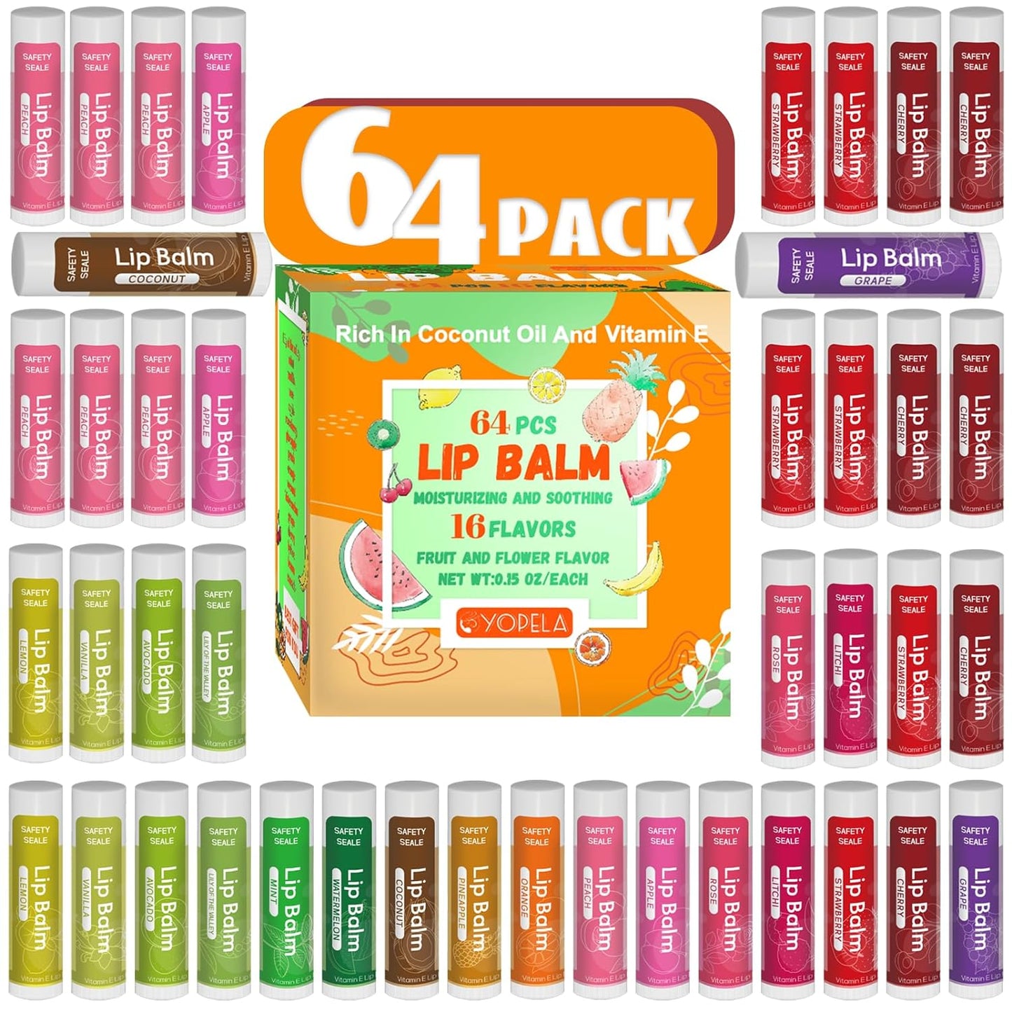Yopela 64 Pack Natural Lip Balm Bulk with Vitamin E and Coconut Oil Valentine's Day Gift - Moisturizing, Soothing, and Repairing Dry and Chapped Lips - 16 Flavors - Non-GMO