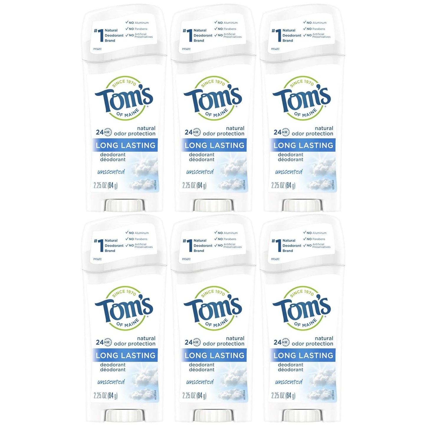 Tom's of Maine Natural Deodorant Stick, Unscented, 2.25 Ounce, Pack of 6