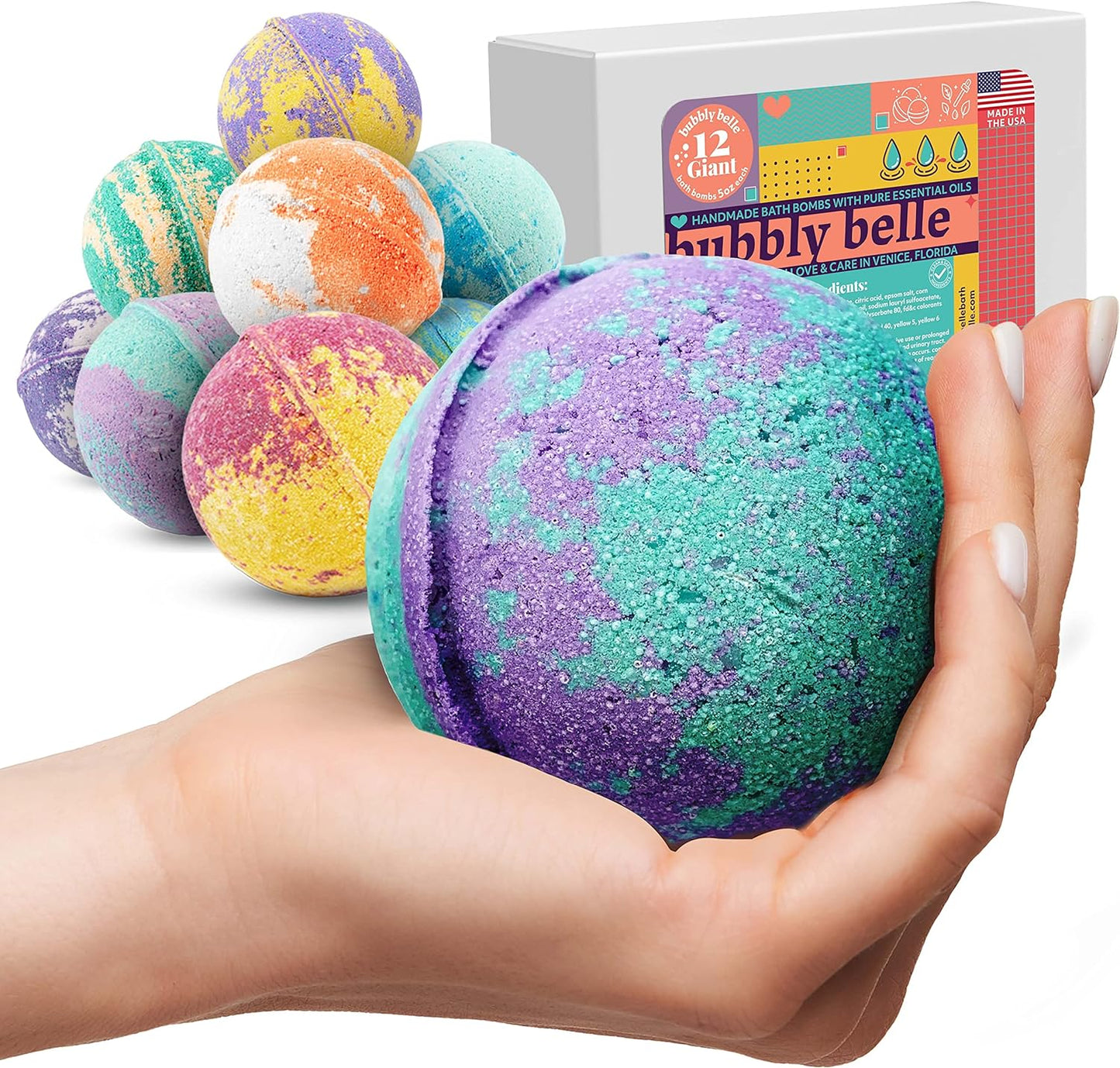Bubbly Belle Bath Bombs XXL Gift Set, 12 Extra Large Handmade Aromatherapy Fizzies with Essential Oil Blends and Epsom Salt, Vegan for Women, Men, Kids