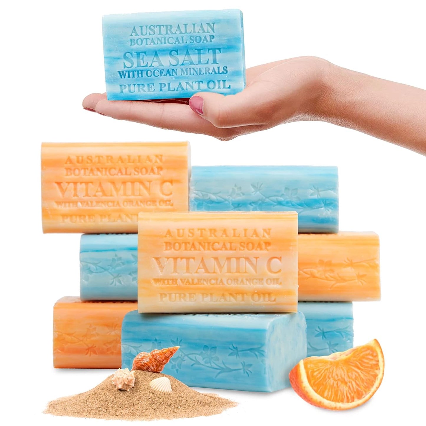Australian Botanical Soap, Sea Salt with Ocean Minerals and Valencia Orange Soaps | All Skin Types | Shea Butter Enriches | 6.8 oz. (193g) | 4 Bars of Each - 8 Pack