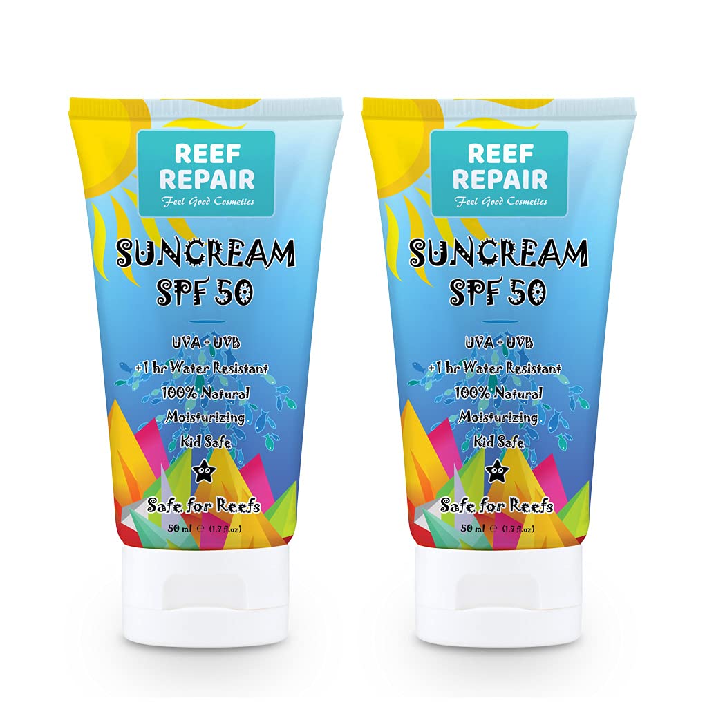 Reef Safe Sunscreen SPF 50 (2 Pack) - All Natural, Travel Size, Water Resistant, Moisturizing, Biodegradable, Broad Spectrum UVA/UVB Coral Friendly Mineral Sun Cream from Reef Repair (2 x 1.7 fl.Oz)
