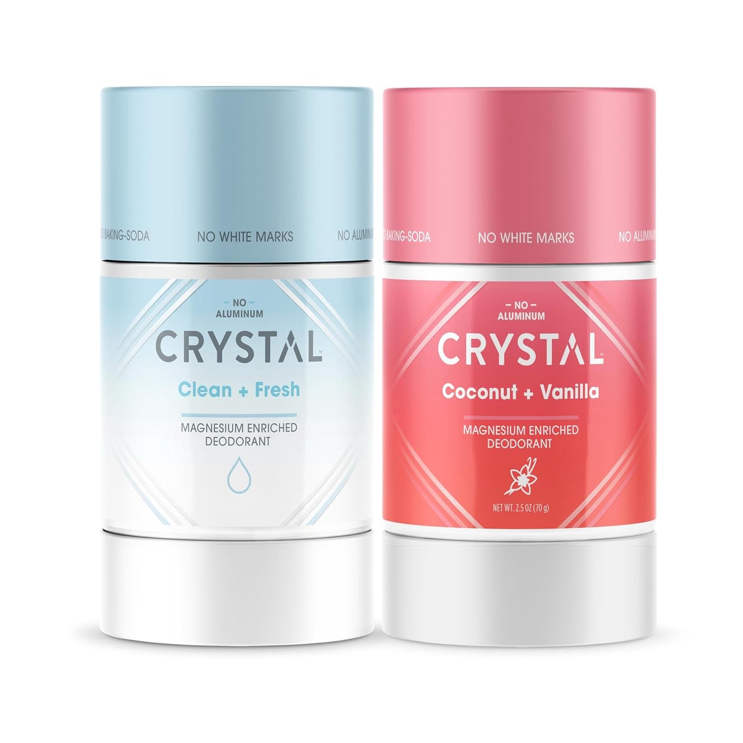 Crystal Magnesium Solid Stick Natural Deodorant, Non-Irritating Aluminum Free Deodorant for Men or Women, Safely and Effectively Fights, Bundle of Coconut & Vanilla and Clean & Fresh, 2.5 oz pack of 2