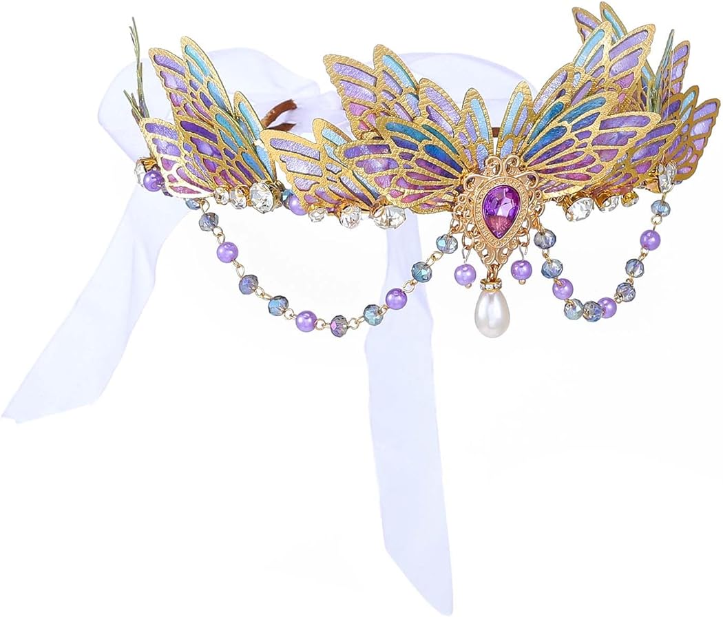 Yean Butterfly Fairy Headband Purple Crystal Elf Enchanted Tiara Pearl Bridal Costume Party Hairband for Women and Girls