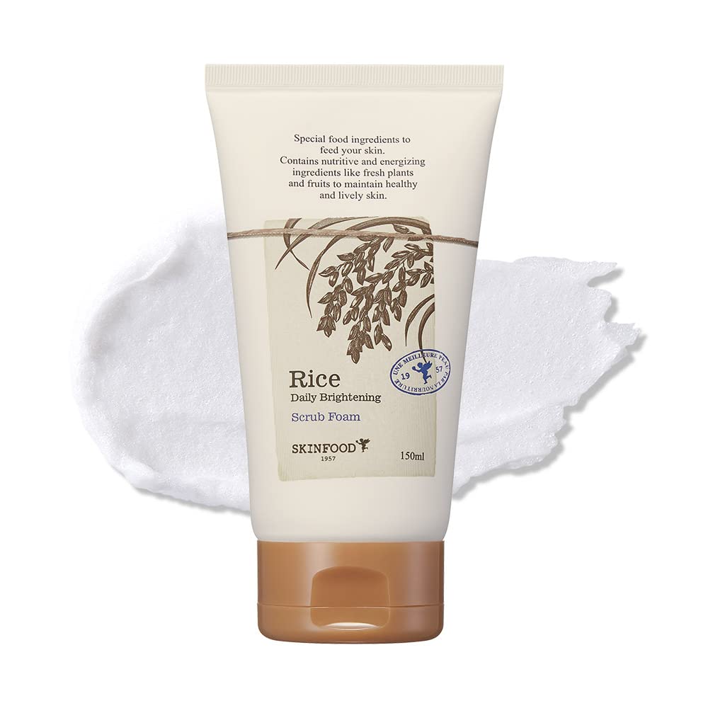 SKINFOOD Rice Daily Scrub Foam 5.07 oz. (150ml) - Hypoallergenic Micro Fine Rice Bran Facial Scrub Foaming Cleanser, Skin Exfoliating with Dense Foam - Exfoliating Face Scrub - Sensitive Skin Scrub