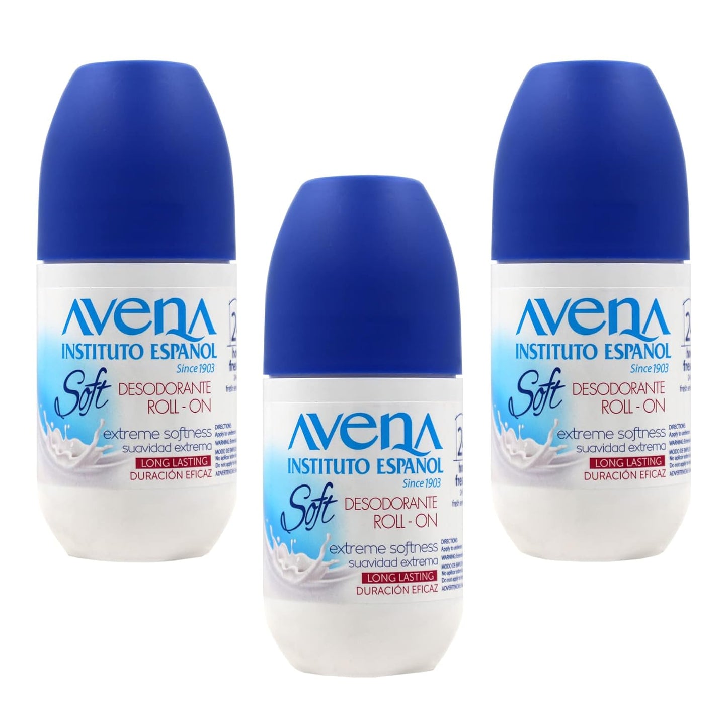 Avena Instituto Español Deodorant Roll-On Soft, Extreme Softeness, Long-Lasting, Non-Alcohol, 3-pack Of 2.5 Fo each, 3 Bottles