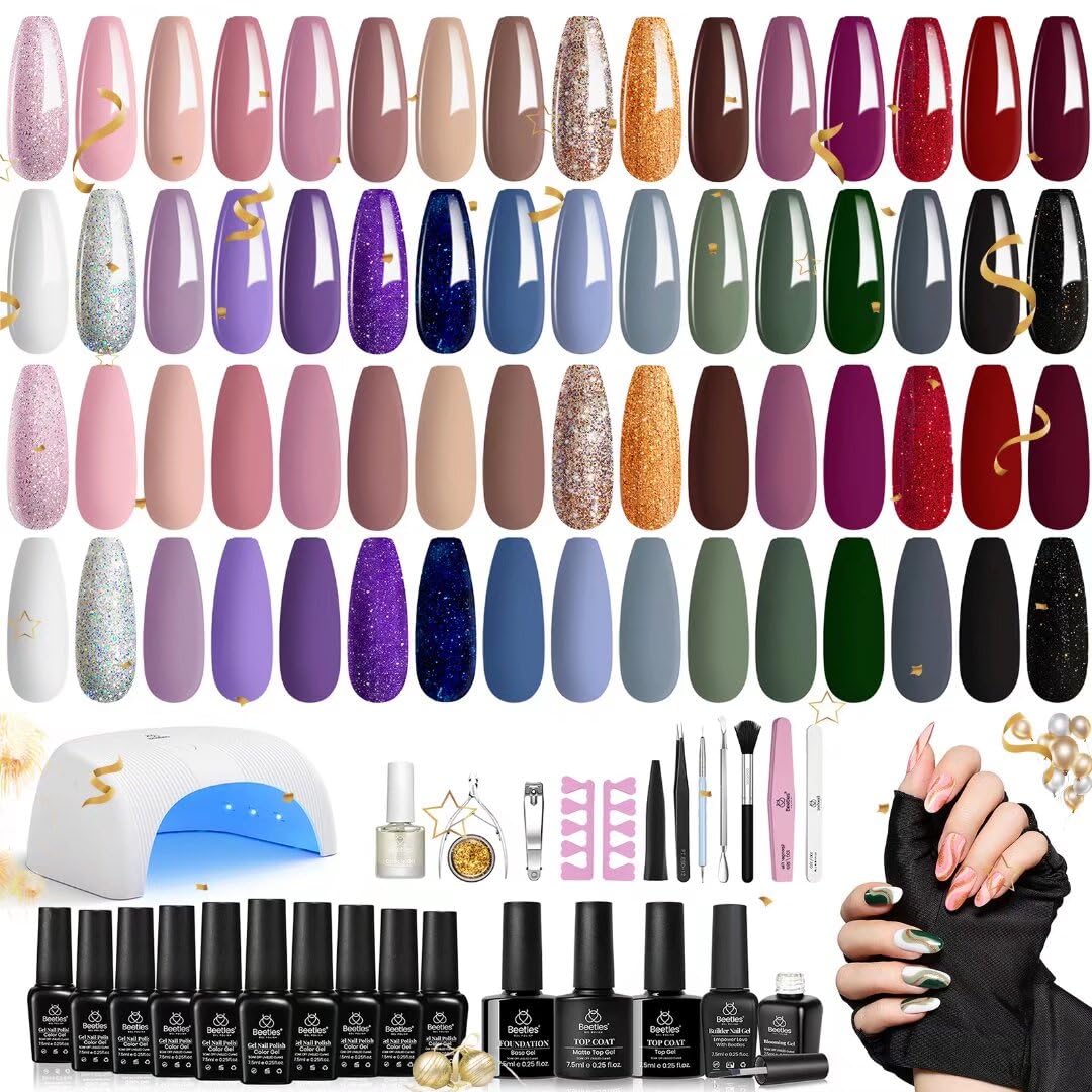 Beetles Gel Nail Polish Kit with Uv light 53 Pcs Gel Starter Kit 32 Colors Pink Red Nude Grey Glitter Brown Gel Polish Set Soak Off Base Top Coat Builder Nail Gel Art Manicure Kit for Women