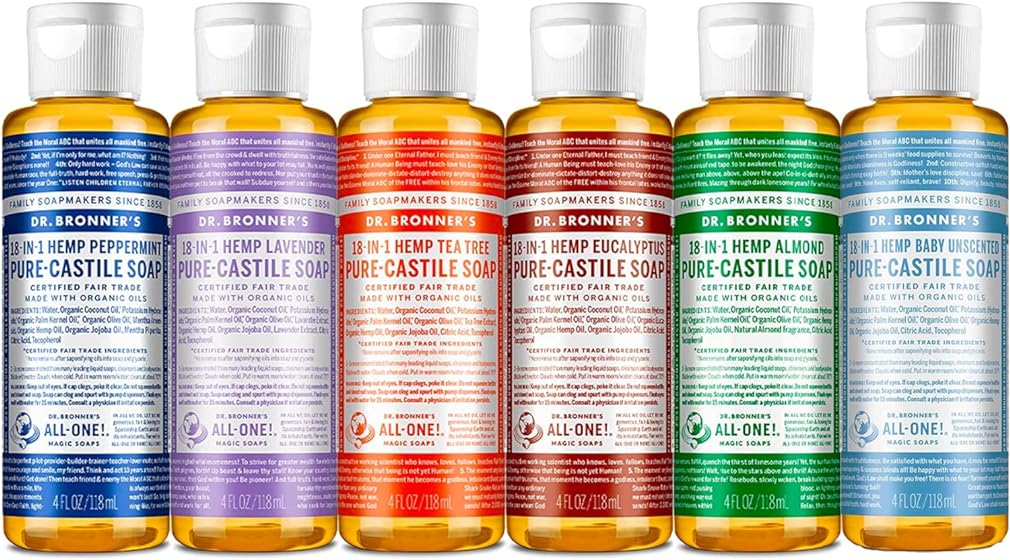 Dr. Bronner's - Pure-Castile Liquid Soap (4 oz Variety Pack) Peppermint, Lavender, Tea Tree, Eucalyptus, Almond, & Baby Unscented - 18-in-1 Uses: Face, Body, Hair, Laundry, Pets and Dishes | 6 Count