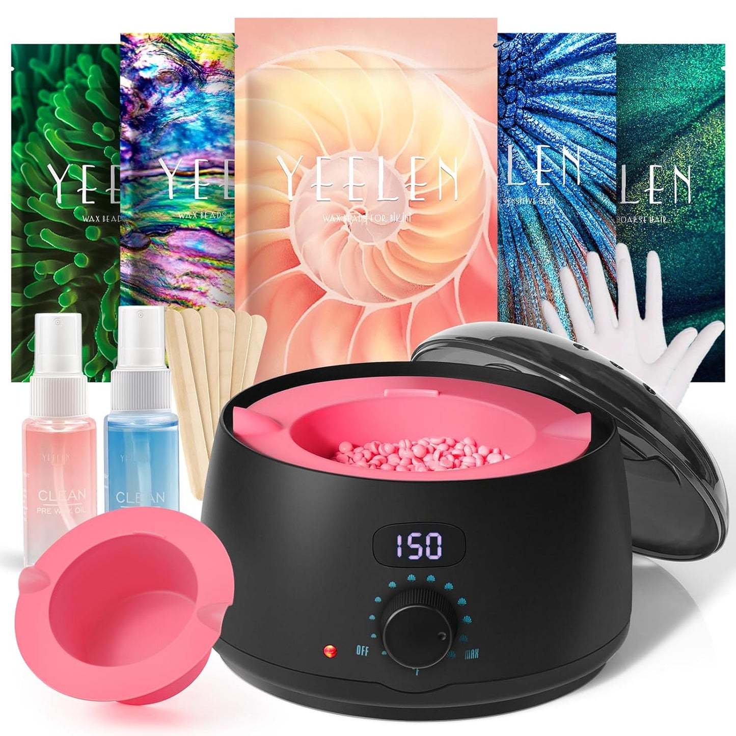 Premium Waxing Kit for Women - Yeelen X Bestienoly All-in-one Wax Kit with 5 Packs Hard Wax Beads + Digital Wax Warmer for Hair Removal Machine for Facial- Bikini - Body- Sensitive Skin Waxing At Home