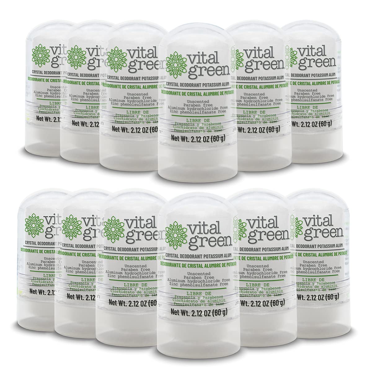 Vital Green Crystal Potassium Alum Deodorant - Unscented Mineral Deodorant For Men, Women And Athletes - 2.12oz / 60 g (12 Units)