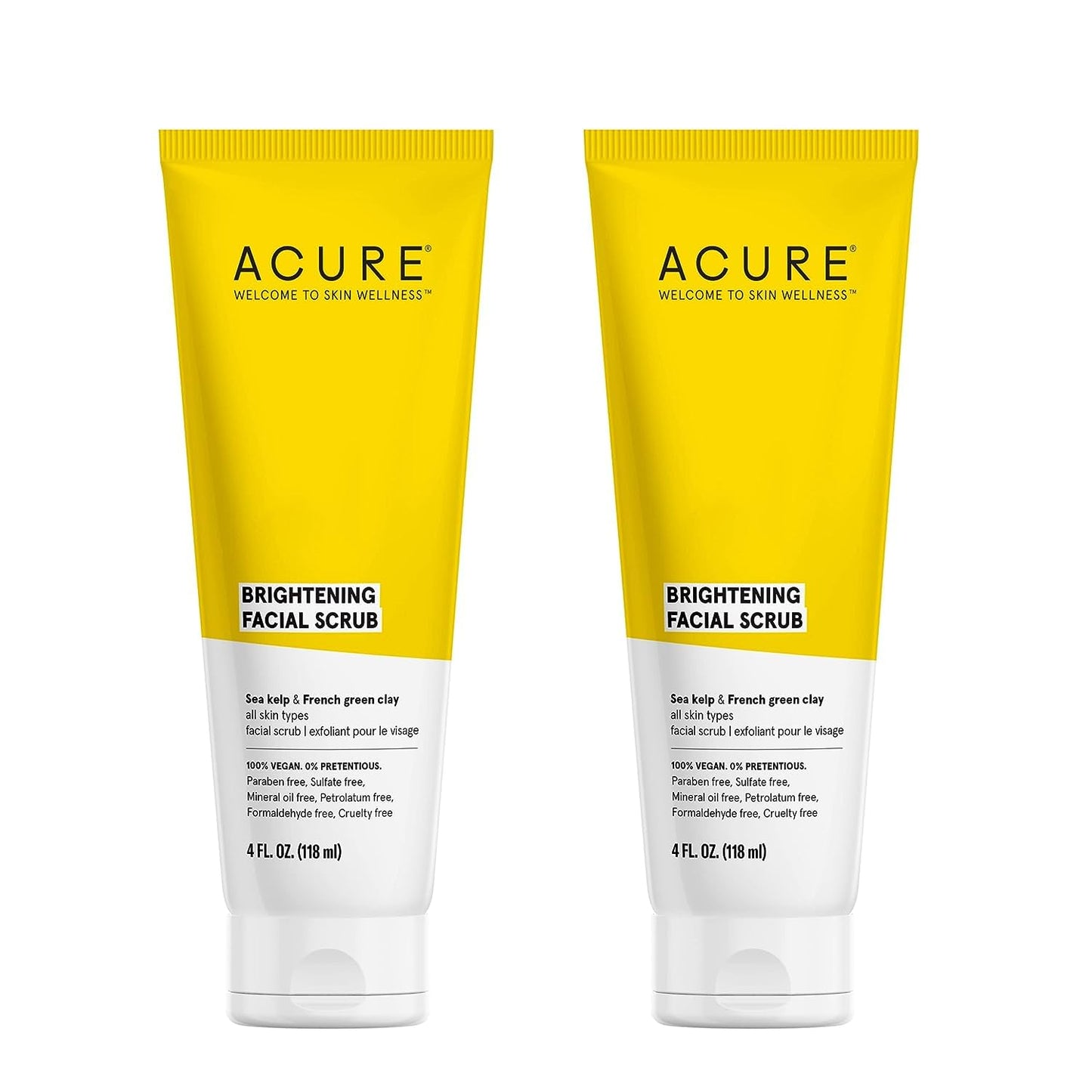 Acure Brightening Facial Scrub Duo Pack - 4 Fl Oz Each - 2 Pack - All Skin Types, Sea Kelp & French Green Clay - Softens, Detoxifies and Cleanses