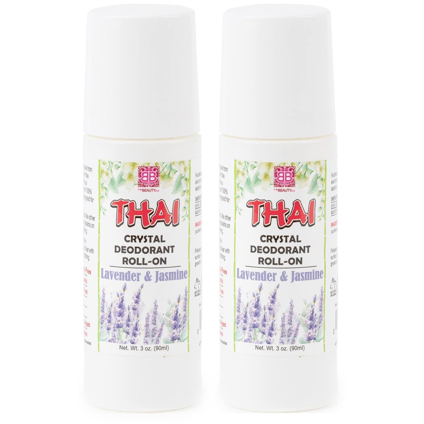 2 PACK- Thai Crystal Deodorant Stone Set – Potassium Alum All Natural Deodorant for Women & Men – 3 Oz. Roll-On Jasmine Lavender without Animal Testing or Chemicals by The Beauty Box