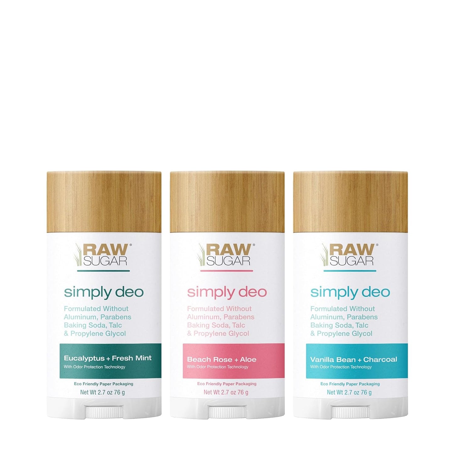 Raw Sugar Simply Deo Trio Bundle - Aluminum Free Deodorant for Men & Women, Clean Ingredients, Formulated without Baking Soda, Talc & Parabens Free (Pack of 3)