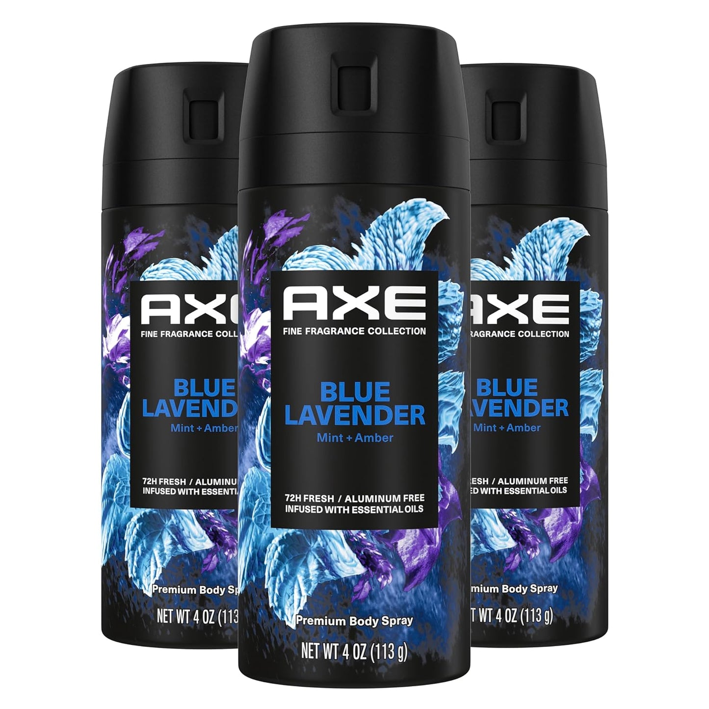 AXE Fine Fragrance Collection Premium Deodorant Body Spray for Men Blue Lavender 3 Count with 72H Odor Protection and Freshness Infused with Lavender, Mint, and Amber Essential Oils 4 oz