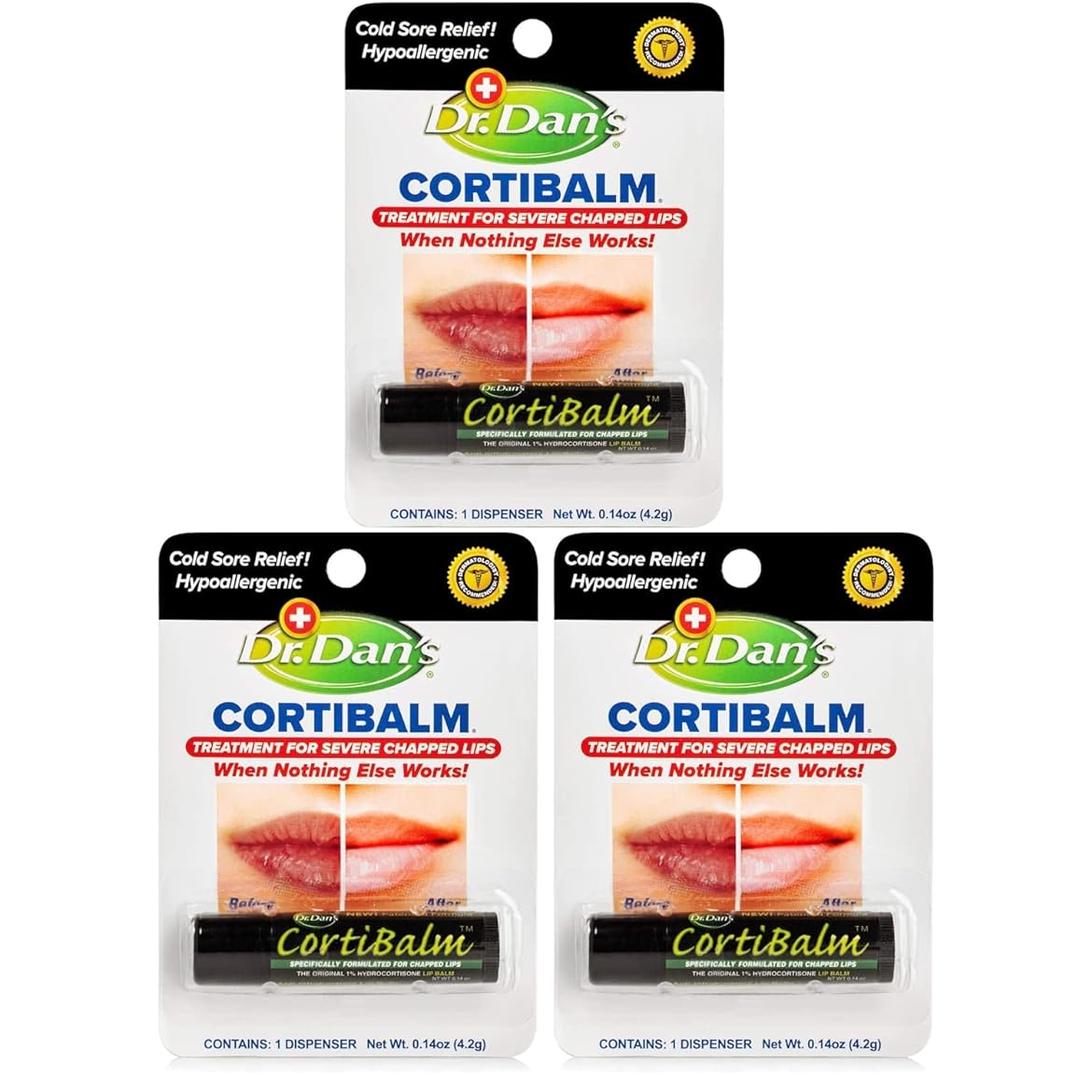 Dr. Dan's Cortibalm -3 Pack -for Dry Cracked Lips - Healing Lip Balm for Severely Chapped Lips- Designed for Men, Women and Children