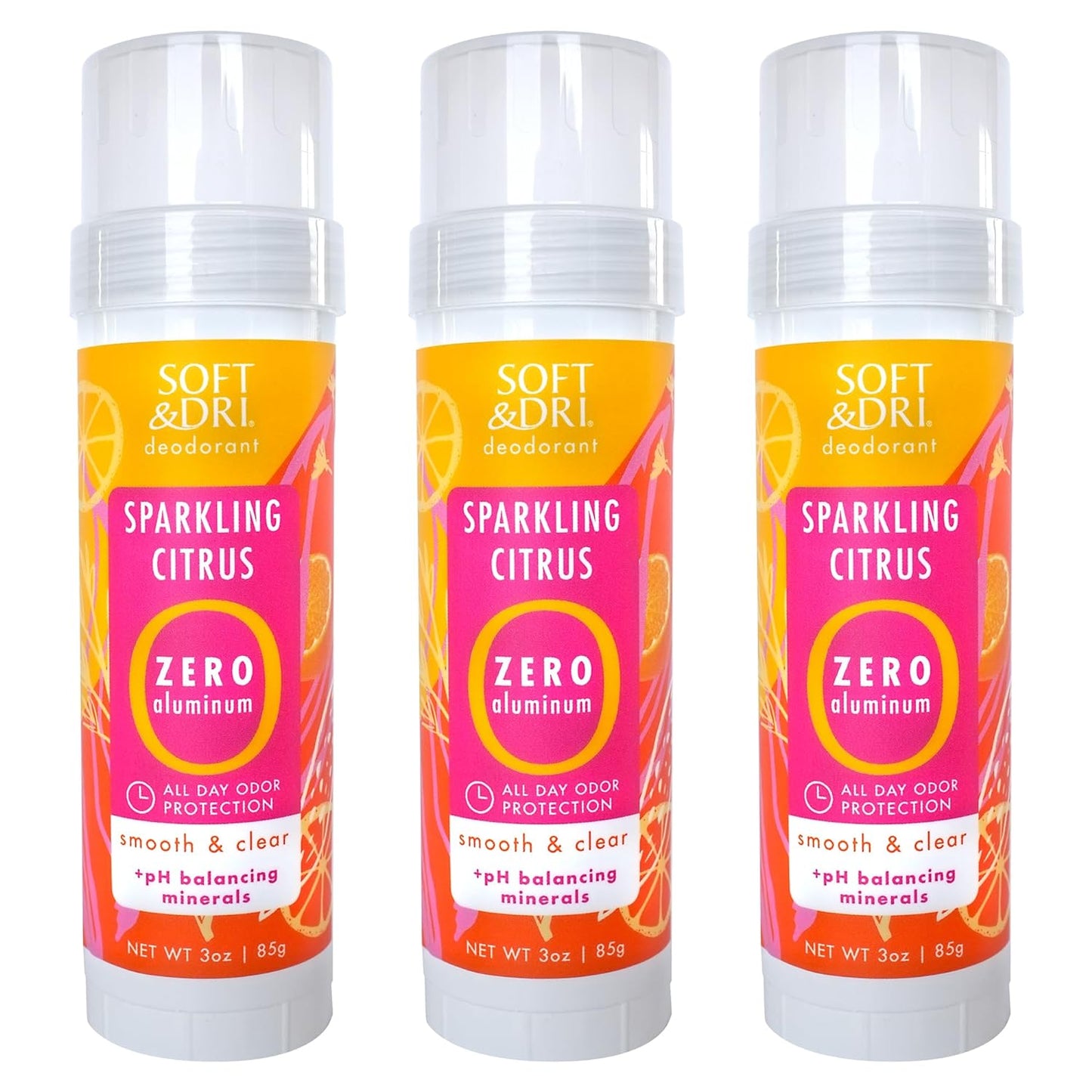 Soft & Dri Sparkling Citrus Aluminum Free Deodorant, 3 oz, Smooth and Clear Stick, pH Balancing Minerals, 3 pack