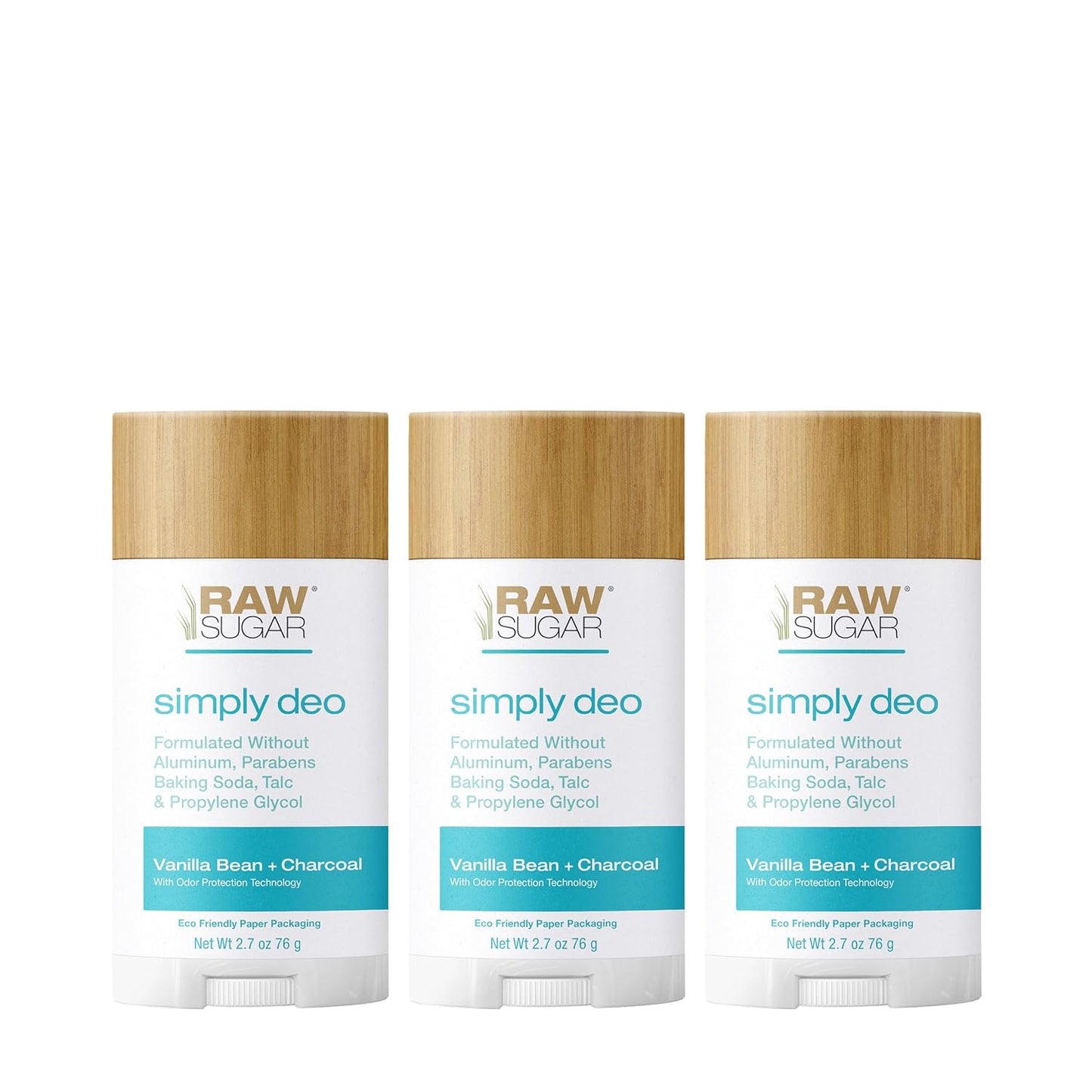 Raw Sugar Simply Deo Bundle - Aluminum Free Deodorant for Men & Women, Vanilla Bean + Charcoal Scented, Formulated without Baking Soda, Talc & Parabens (Pack of 3)