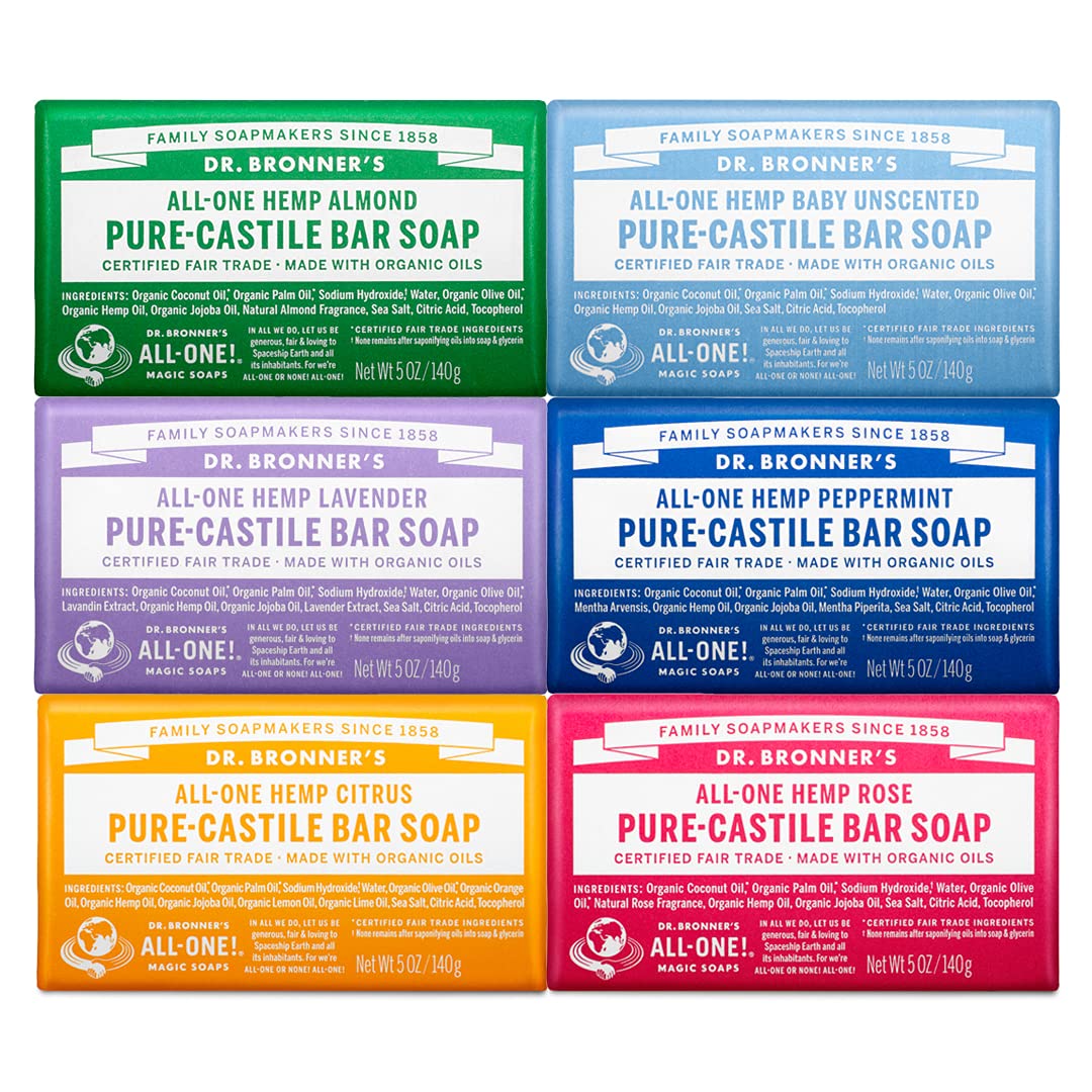 Dr. Bronner's - Pure-Castile Bar Soap (5 Ounce Variety Gift Pack) Almond, Unscented, Lavender, Peppermint, Citrus, Rose - Made with Organic Oils