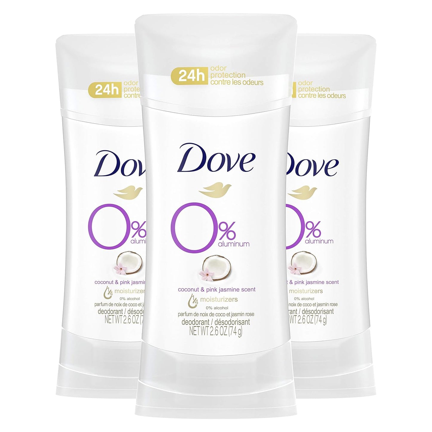 Dove Aluminum Free Deodorant for Women 24-Hour Odor Protection, Coconut and Pink Jasmine, White, 2.6 Ounce (Pack of 3)