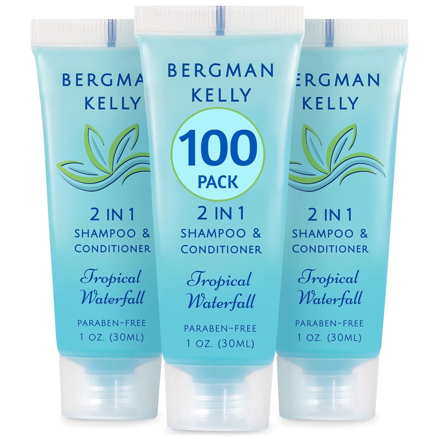 BERGMAN KELLY Travel Size Shampoo & Conditioner 2 in 1 (1 Fl Oz, 100 PK, Tropical Waterfall), Delight Your Guests with Invigorating and Refreshing Shampoo Amenities, Small Hotel Toiletries in Bulk