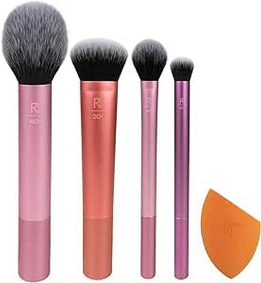 Real Techniques Everyday Essentials + Sponge Kit, Makeup Brushes & Makeup Blending Sponge Set, For Foundation, Blush, Bronzer, Eyeshadow, & Powder, Vegan Synthetic Bristles, 5 Piece Set
