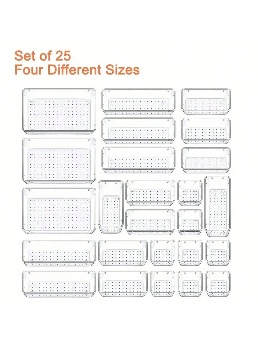 25 transparent plastic drawer storage box set,4 sizes of desktop drawer separate storage box and storage box, suitable for cosmetics, jewelry, kitchen, bedroom, bathroom, office gadgets