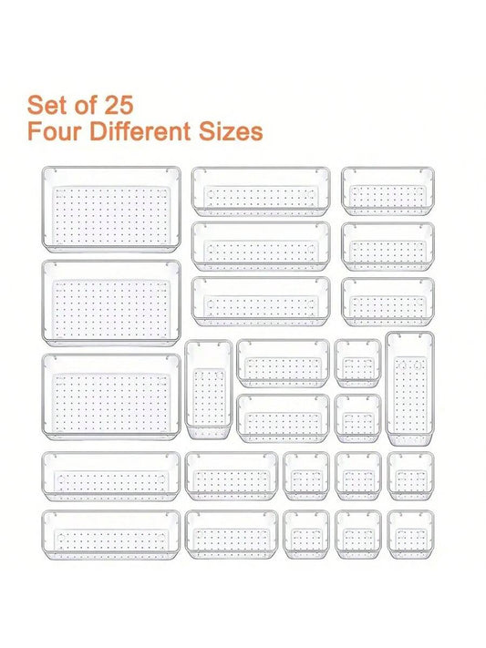 25 transparent plastic drawer storage box set,4 sizes of desktop drawer separate storage box and storage box, suitable for cosmetics, jewelry, kitchen, bedroom, bathroom, office gadgets