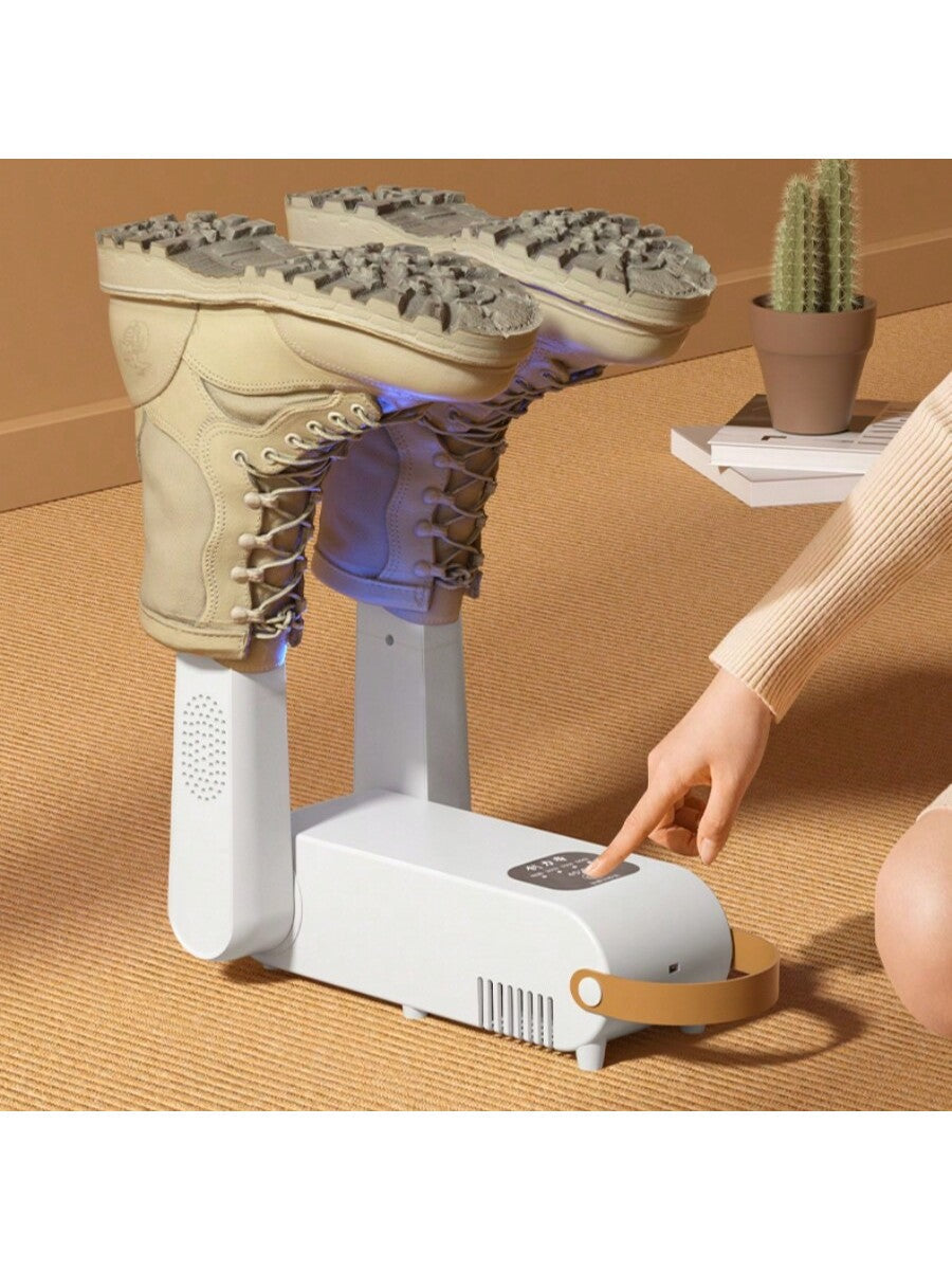 Shoe dryer, glove dryer and boot warmer with hot air blower, portable adjustable stand and timer, foldable design for quick drying of shoes, gloves, hats, socks, ski boots