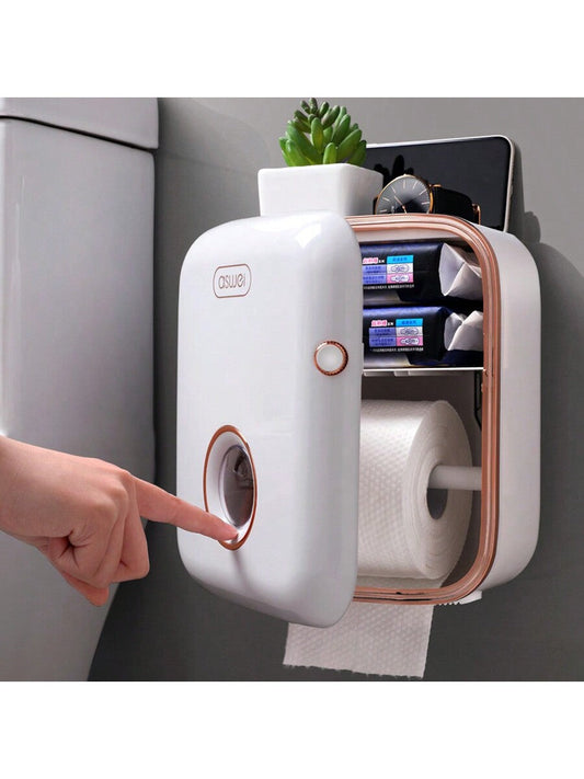 1 Pc Multi-Function ABS Waterproof Tissue Box For Bathroom, Easy To Install, No Punch Mounting Guard Design, Double Space Inside, No Paper Jam, Easy To Use, Can Put Roll Paper/Pull Out Paper/Garbage Bag Etc., One-Touch Switch, Suitable For