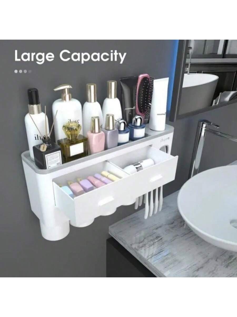 Black Friday Trends 4 In 1 Toothbrush Holder, 1 Piece/2pcs Luxury Wall Mounted Toothbrush Holder & Toothpaste Dispenser, Toothbrush Storage Rack, Toothbrush Storage Organizer With Cosmetic Drawer, Christmas Gifts, Christmas Decor