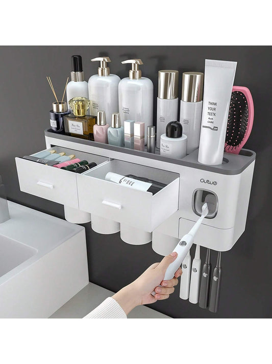 1pc Toothbrush Holder With Gargle Cup, AutomaticToothpaste Dispenser, Wall Mounted Toothbrush StorageRack, Bathroom Multifunctional Toothpaste ToothbrushContainer, Toothbrush Holder With Large Capacity TrayBathroom Accessories, Home Decor