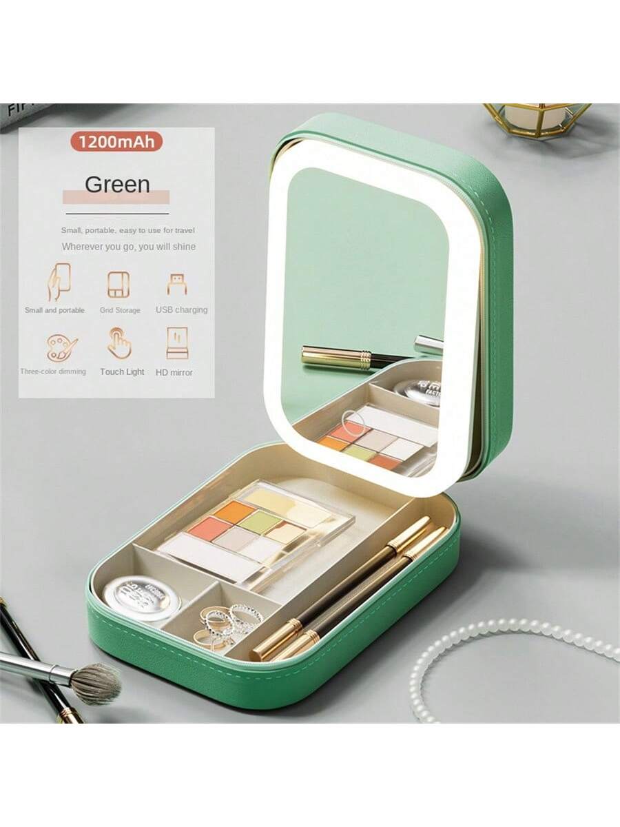 1pc Foldable Jewelry Box With Led Makeup Mirror And Adjustable Tricolor Light