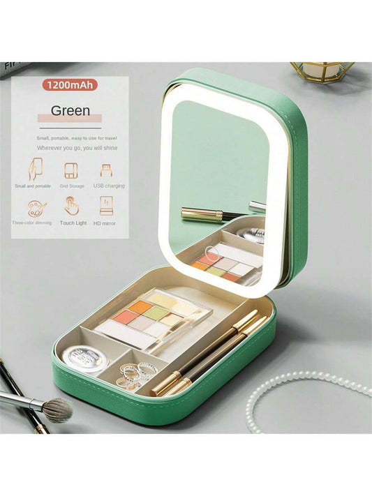 1pc Foldable Jewelry Box With Led Makeup Mirror And Adjustable Tricolor Light