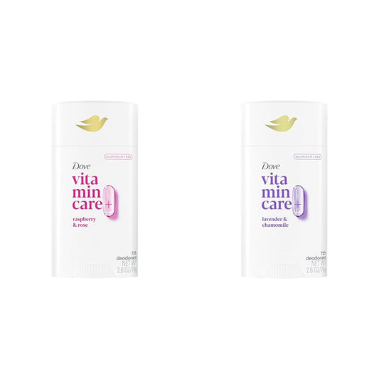 Dove VitaminCare+ Aluminum Free Deodorant Stick Raspberry & Rose and Lavender & Chamomile Scents for 72H Odor Protection 2.6 oz Each