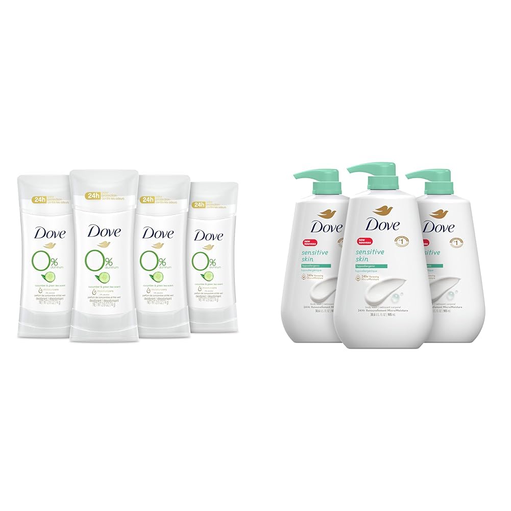 Dove 0% Aluminum Deodorant 24 Hours Odor Protection Cucumber and Green Tea with ¼ Moisturizers & Sensitive Skin Body Wash, Hypoallergenic and Paraben-Free, 30.6 fl oz (Pack of 3)