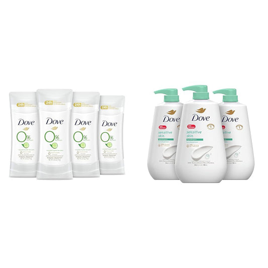 Dove 0% Aluminum Deodorant 24 Hours Odor Protection Cucumber and Green Tea with ¼ Moisturizers & Sensitive Skin Body Wash, Hypoallergenic and Paraben-Free, 30.6 fl oz (Pack of 3)