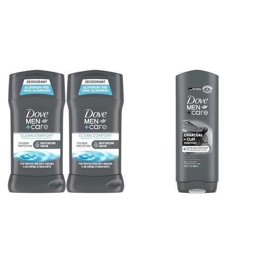 DOVE MEN + CARE Deodorant Stick Moisturizing Deodorant For 72-Hour Protection Clean Comfort Deodorant & Elements Body Wash Charcoal + Clay, Effectively Washes Away Bacteria
