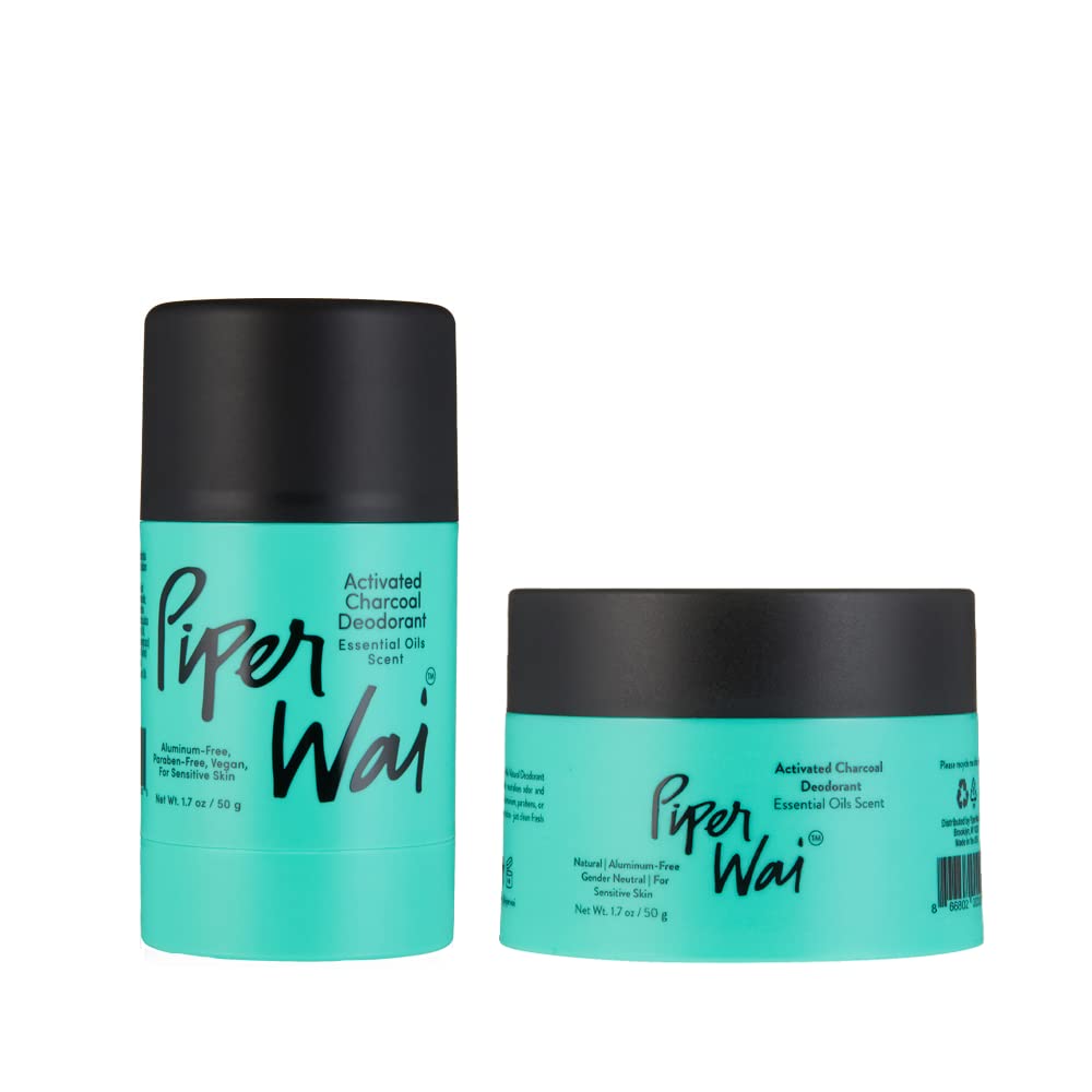 PiperWai Natural Deodorant w/Activated Charcoal | Odor Protection, Vegan, Aluminum Free, Shark Tank Product for Women & Men | Great for Travel, & Gifts | Scented Jar & Scented Stick Combo