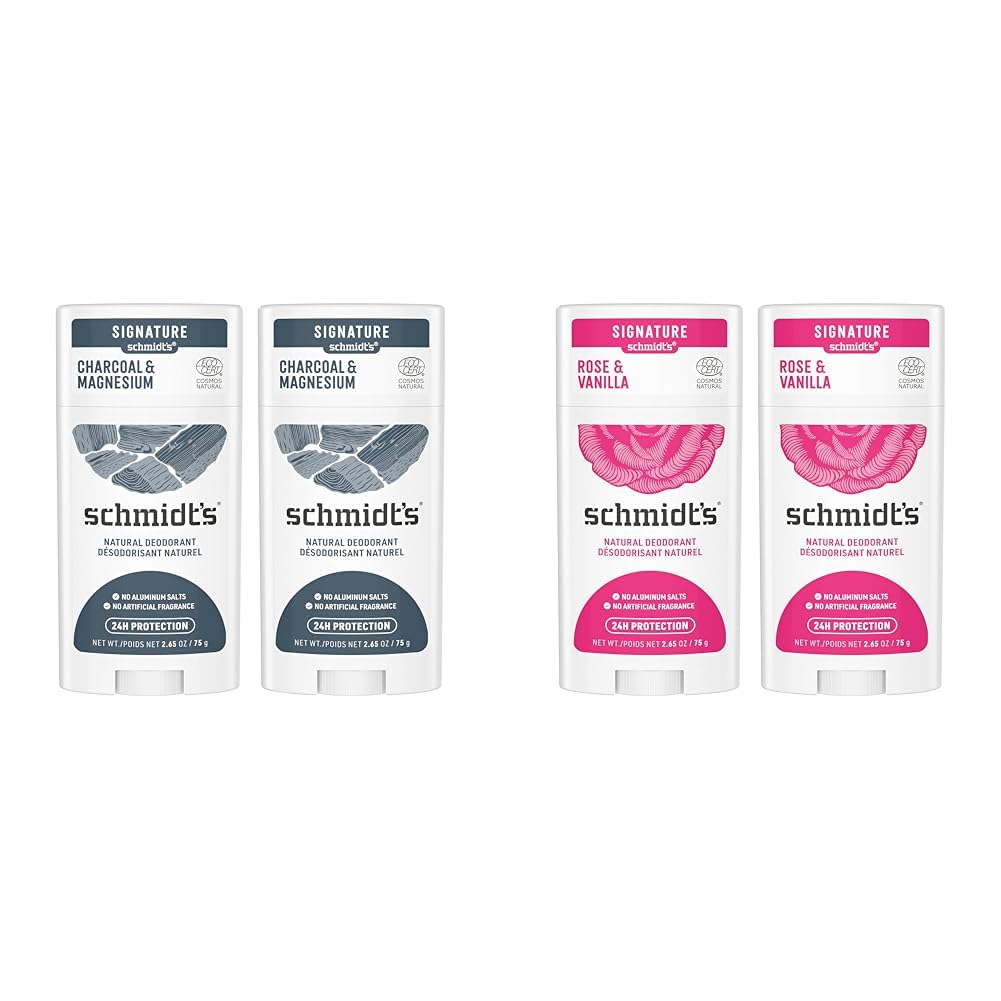 Schmidt's Aluminum Free Natural Deodorant Charcoal & Magnesium 2 Count For Women and Men & Aluminum Free Natural Deodorant for Women and Men, Rose and Vanilla