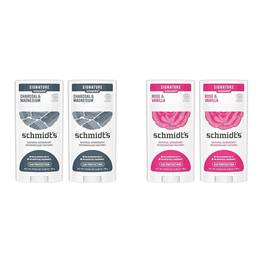 Schmidt's Aluminum Free Natural Deodorant Charcoal & Magnesium 2 Count For Women and Men & Aluminum Free Natural Deodorant for Women and Men, Rose and Vanilla