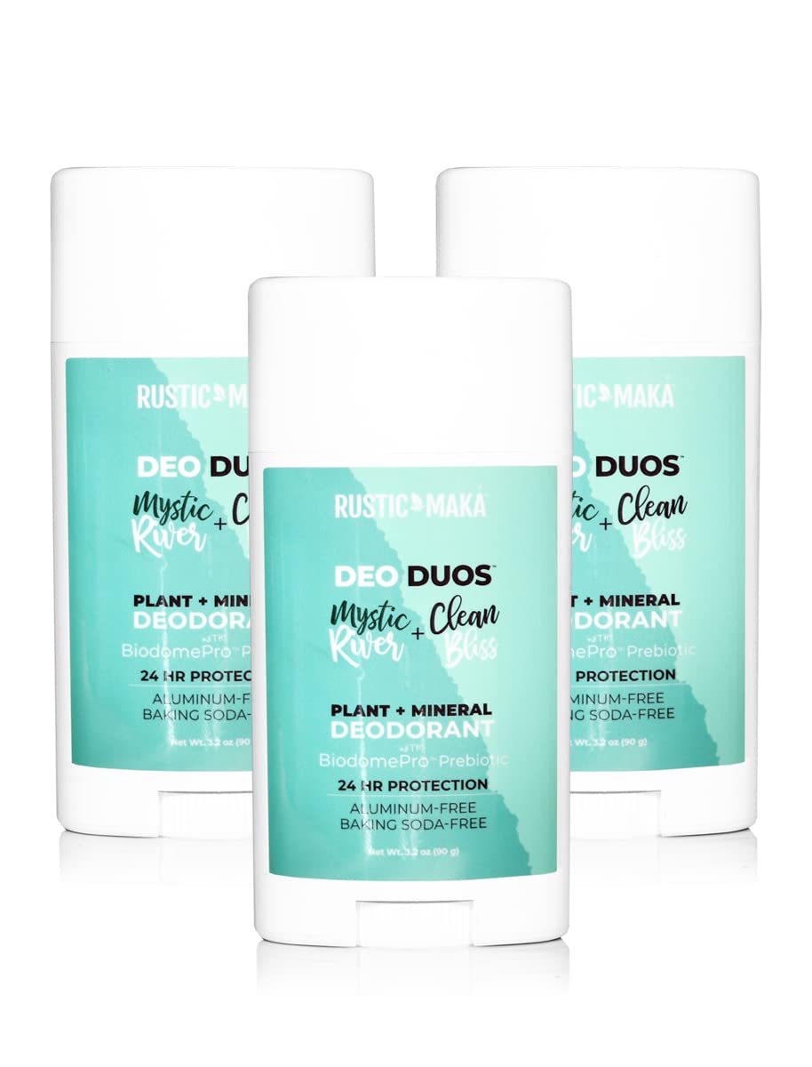 Rustic MAKA Natural Deodorant for Women and Men, DEO DUOS Mystic River & Clean Bliss, Free of Aluminum & Parabens, Cruelty-Free, 3-Pack